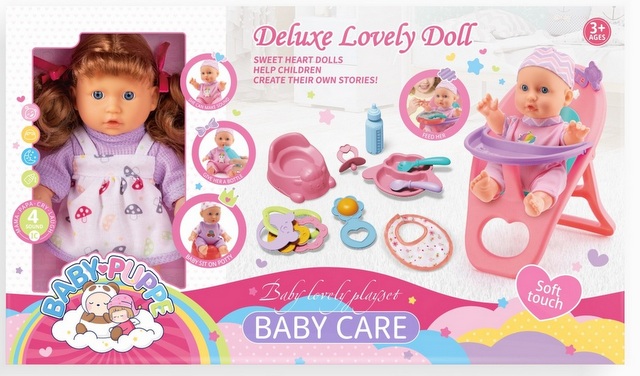 Кукла 23 см с 4 Мелодии с Батерии, Столче за Хранене и Аксесоари 45×28×10 см